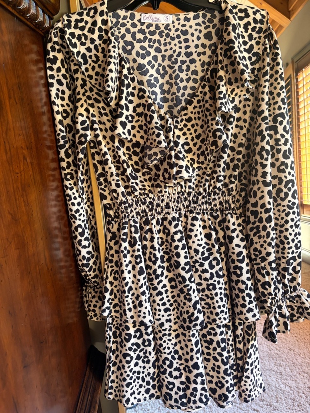 Leopard Print Ruffle Mini Dress - Black & Beige